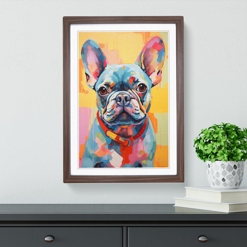 French Bulldog Hard Edge - Single Picture Frame Print on Wood, Walnut, 34cm H x 25cm W x 2cm D