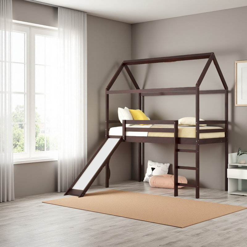 Lit mezzanine simple avec glissade, lit maison avec glissade, Espresso
