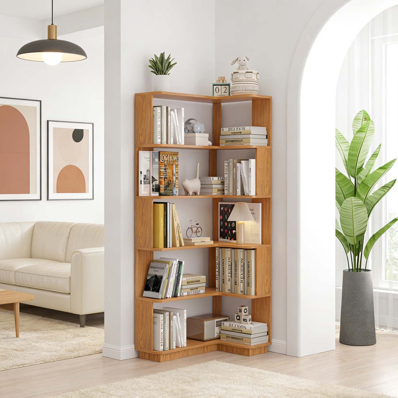 Freestanding Corner Bookshelf for Home and Office, Dark Oak