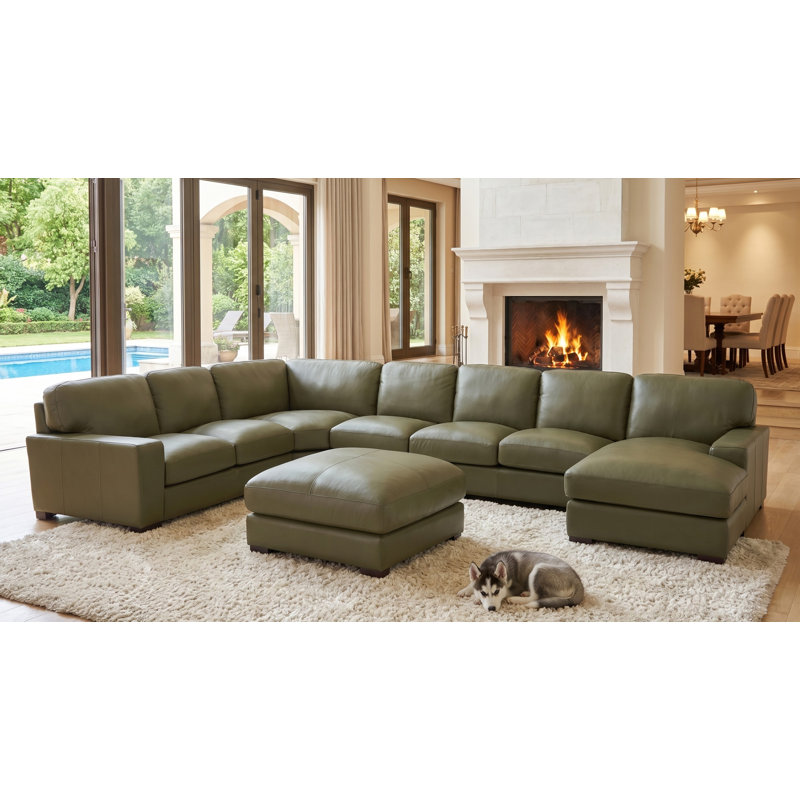 Gabriel 6 - Piece Genuine Leather Match Sectional, Olive Green Genuine Leather