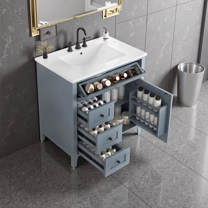 Meuble-lavabo de 30 po avec lavabo, meuble-lavabo moderne en bois d'hévéa avec 3 tiroirs et tablette réglable, rangement autoportant pour salle de bain