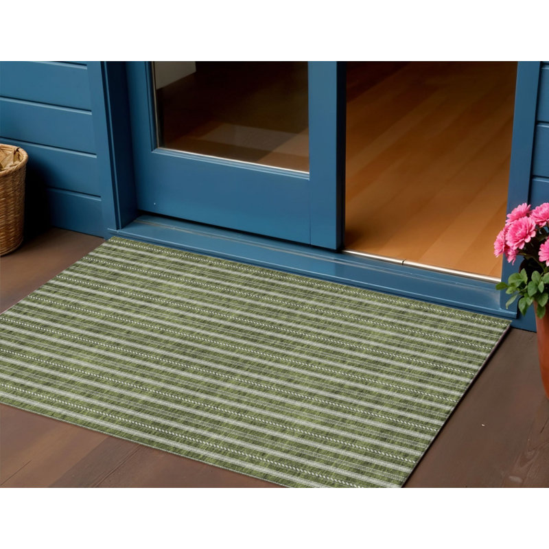 3' X 5' Olive Green And Ivory Striped Washable Indoor Outdoor Area Rug