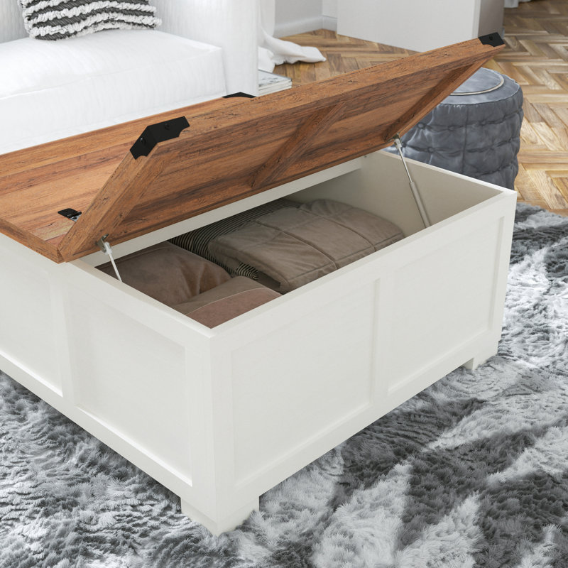 Table basse Modern Farmhouse avec plateau relevable et rangement, Chêne rustique, Blanc