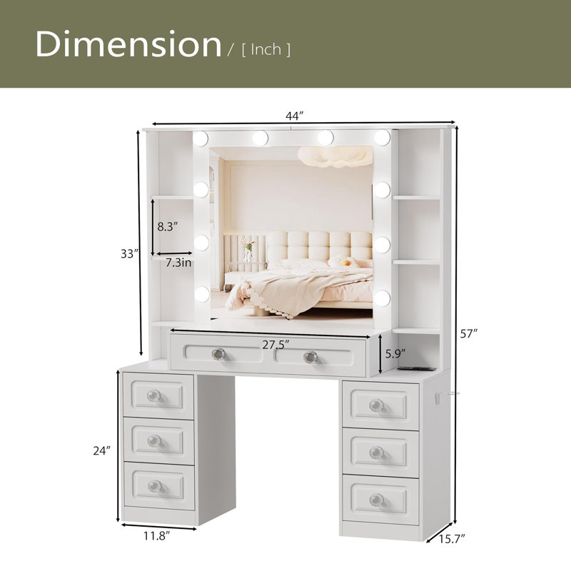 Bureau de coiffeuse avec miroir et lumières, coiffeuse avec miroir éclairé et station de charge