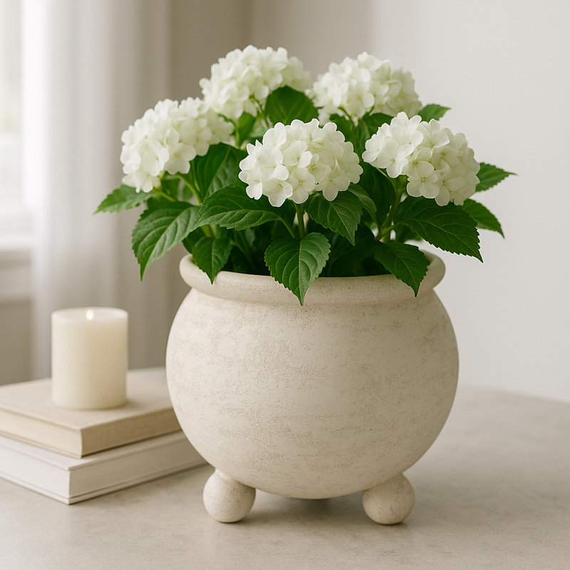 Hooge Planter Pottery Cement Tripod Feet Rustic Texture For Home Or Garden - 9" Ivory & Beige