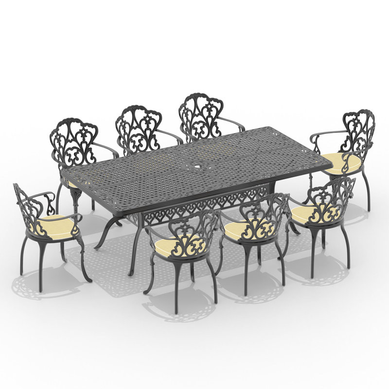 Ensemble de 9 meubles de patio en aluminium coulé avec coussins beiges 9 pièces