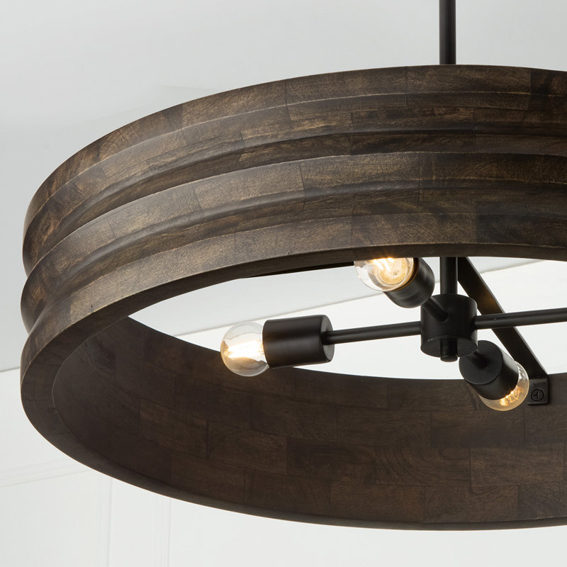 30" W x 18" H 4-Light Chandelier in Matte Black and Handcrafted Mango Wood in Espresso Stain
