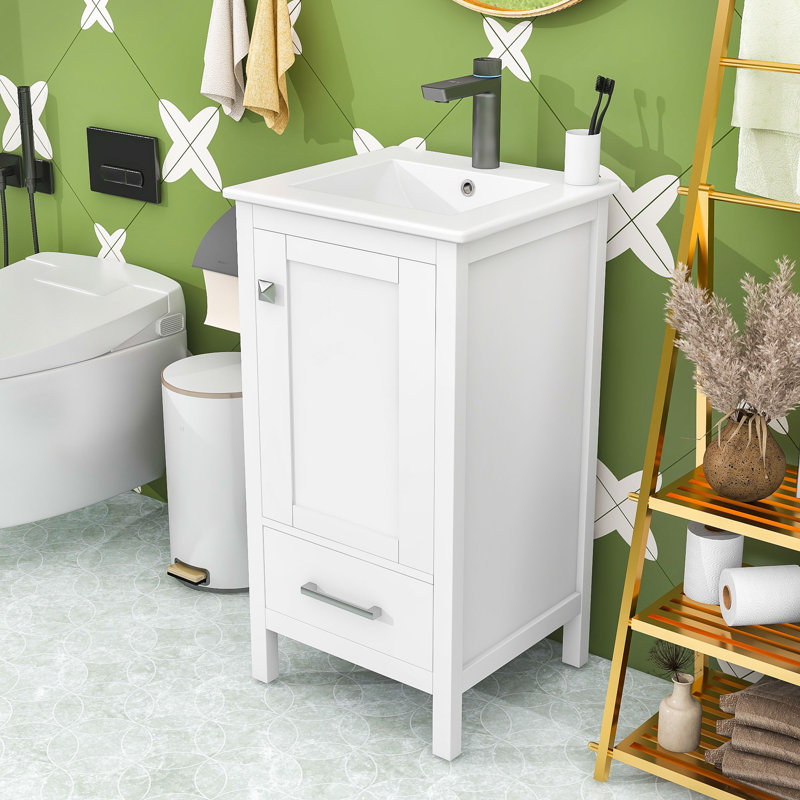 Meuble-lavabo avec lavabo en céramique, tiroir et porte, Blanc