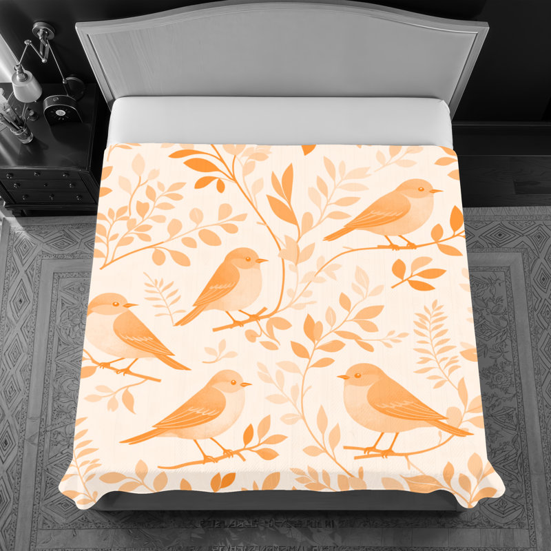 Couvre-lit matelassé Birds On Branches, Très grand lit, Orange moyen / beige clair