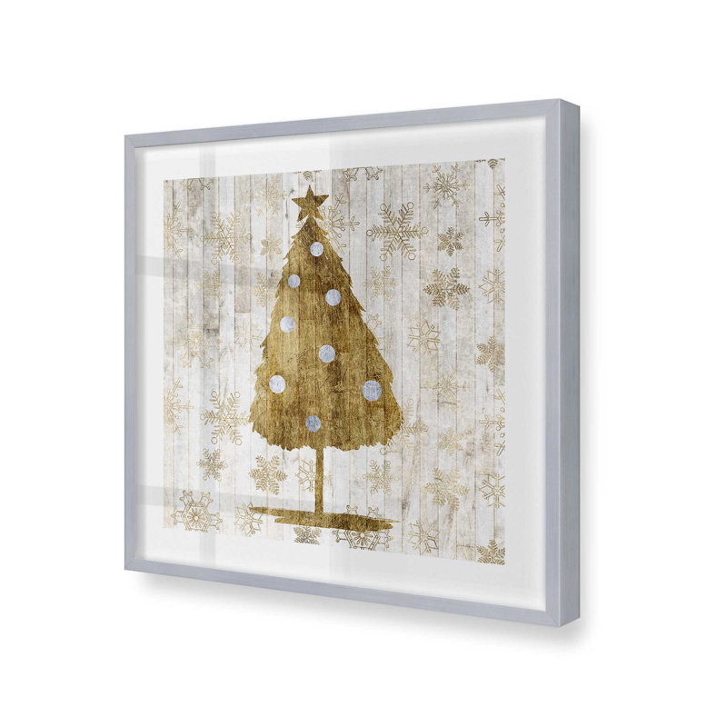 Impression d'arbre de Noël rustique doré, Cadre simple en chrome poli, bois massif, H 21,75 po x l 21,75 po