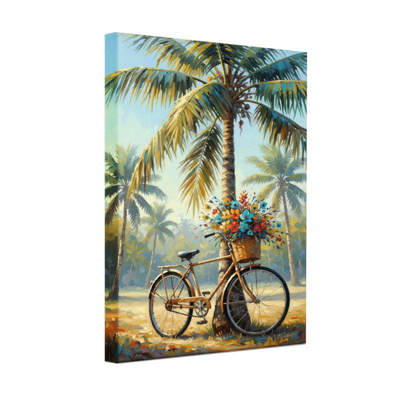 Plantes et fleurs, palmier tropical, bicyclette avec fleurs, H 36 po x l 24 po