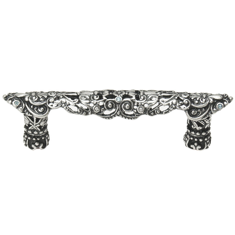 Juliane Grace 3 inches c.c. pull with Clear & Aquamarine Swarovski Crystals in Antique Brass, 3", Silver
