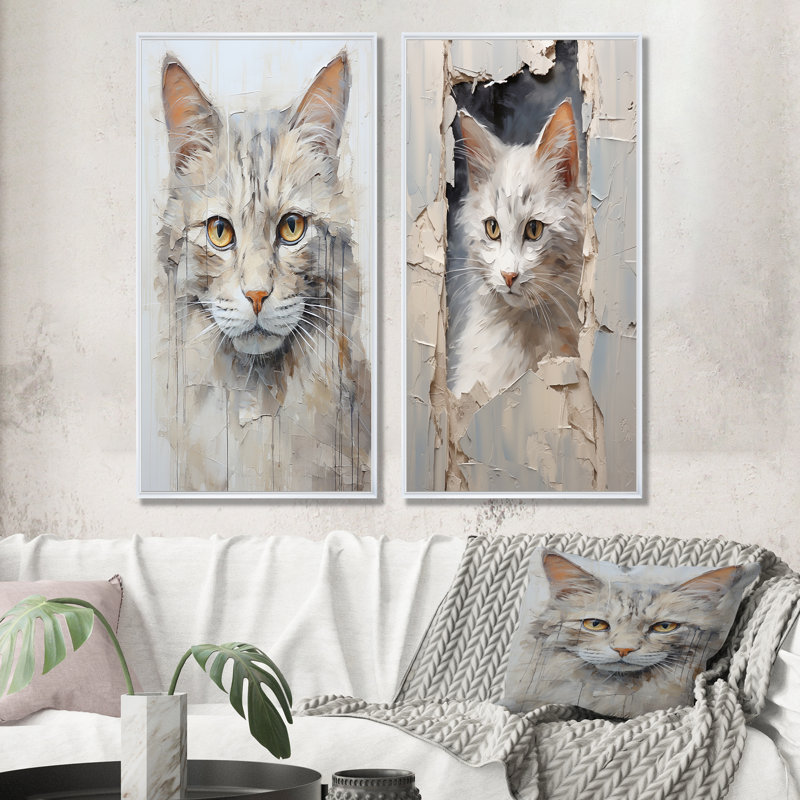 Minimalisme, chat beige, ensemble de 2 reproductions d'art mural, Cadre flottant blanc, H 28 po x l 25 po