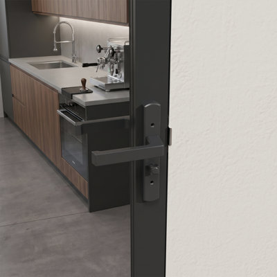 Porte intérieure vitrée transparente en aluminium noir mat 28 po × 80 po, à ouverture battante réversible.