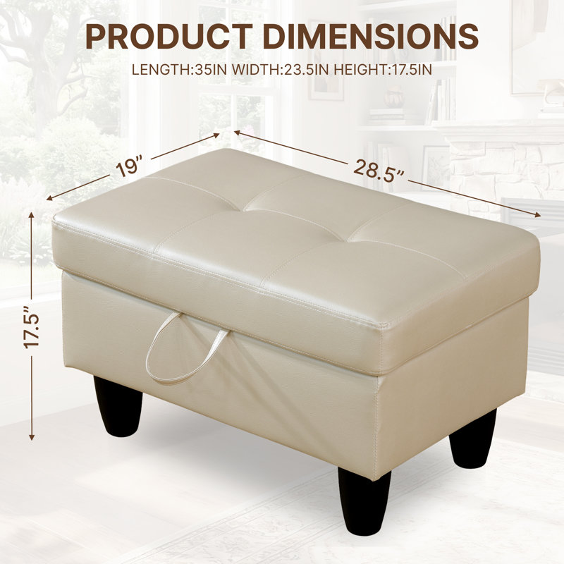 Rectangular Storage Ottoman Bench With Hinged Lid, Faux Leather Footrest For Living Room, Bedroom, Entryway, White, 28.5"X19"X17.5"