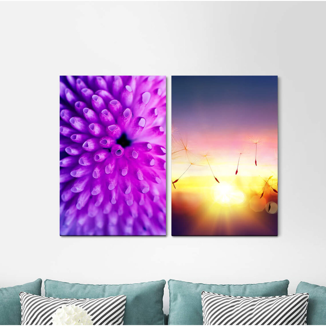 2-tlg. Leinwandbilder-Set - Grafikdruck „Coral Blowball Summer Seeds Dusk Twilight Sunrays”