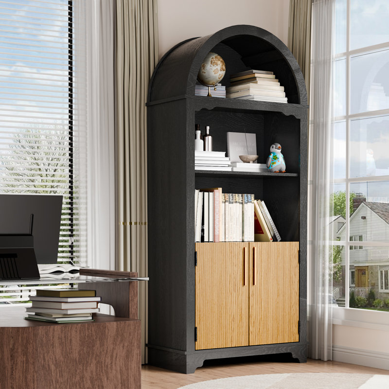 Vitrine arquée avec portes rayées décoratives, armoire de rangement moderne, Naturel