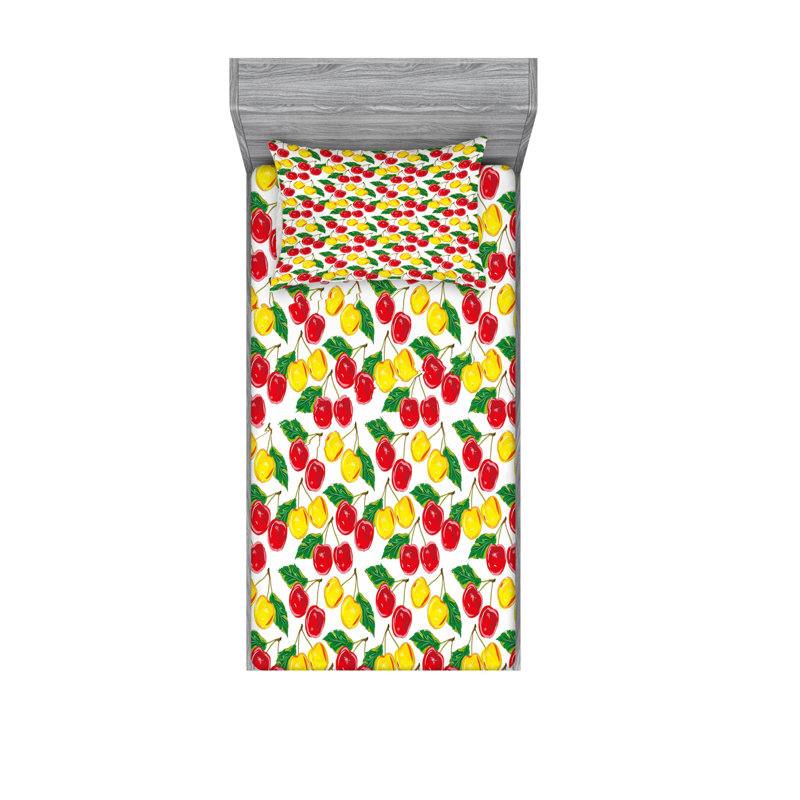 Ensemble de draps à motif cerises feuilles fraîches et juteuses, Ensemble de draps pour lit simple TG avec drap-hou