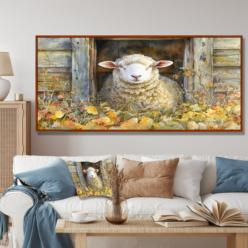 Dulinsky Sheep Floral Portrait At The Barn - Sheep Large, art mural, Brun, H 28 po x l 60 po, Impression encadrée flottante