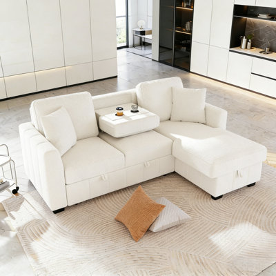 Canapé-lit modulaire en L 90 po avec méridienne réversible avec rangement et coussin de dossier rabattable avec porte-gobelets
