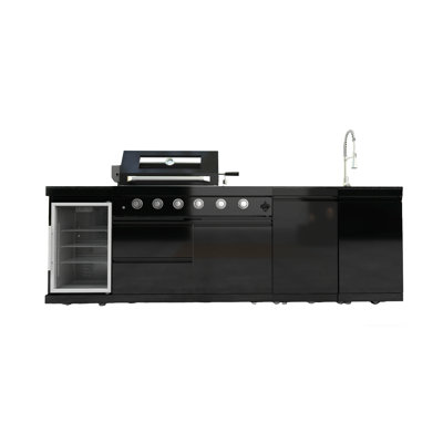 Barbecue pour îlot de cuisine en acier inoxydable de 46 pouces à 4 brûleurs (utilisant du propane) avec 85 000 BTU, réfrigérateur de 68 L, rôtissoire de 120 V, comptoirs en acier inoxydable 304 et en granit