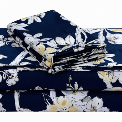 Luxury Floral Print Cotton Sateen Pillowcases Set - 300 Thread Count Pillow Covers - Colmar Navy Blue Bedding