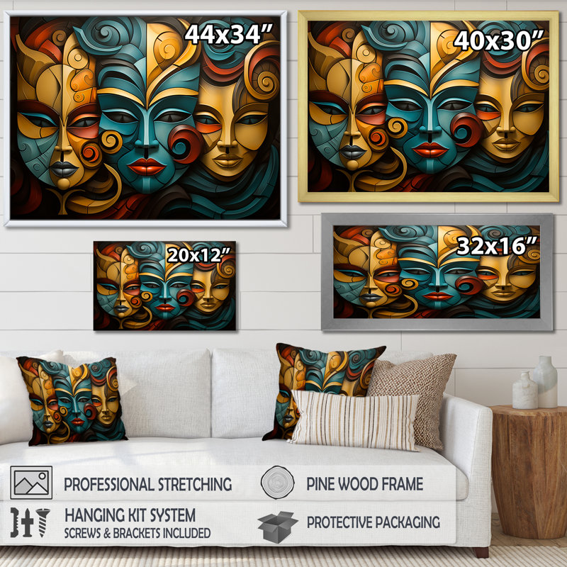 Chine, masques d'opéra jaunes et bleus III - art mural chinois, Cadre doré à coins fermés, H 24 po x l 32 po x P 1 po