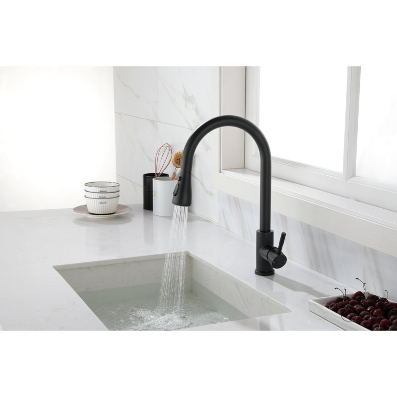 Modern Pull-Out Spray Kitchen Faucet In Matte Black, Stainless Steel Material For Long-Lasting Use And Style With Pull Out Spray, Black Steel, Single Easy Control Of Water Flow Temperature