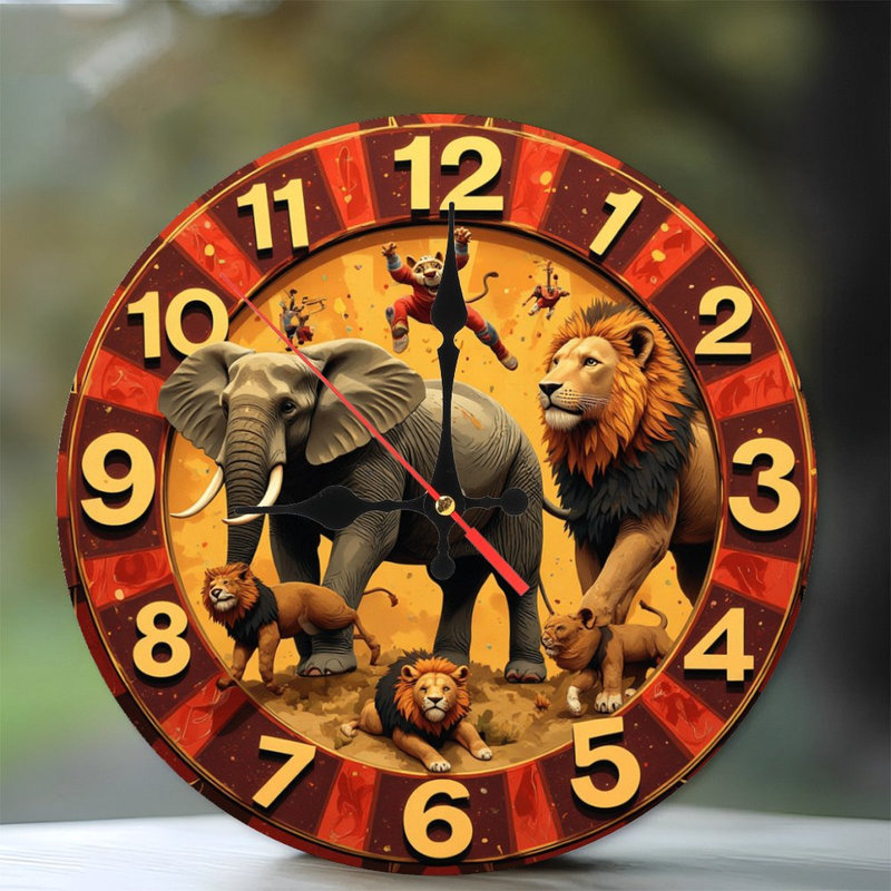 Horloge animaux d'Afrique, lions, éléphants, cirque