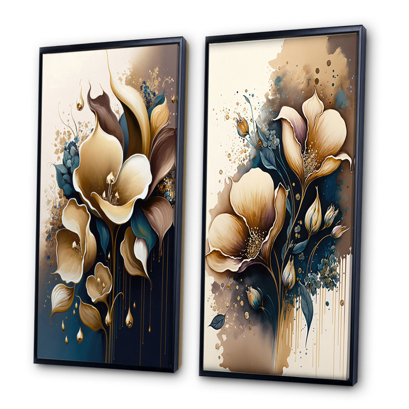 «Deep Blue Calla Lily Bouquet VI», 2 pièces sur toile, Cadre noir, H 20 po x l 24 po