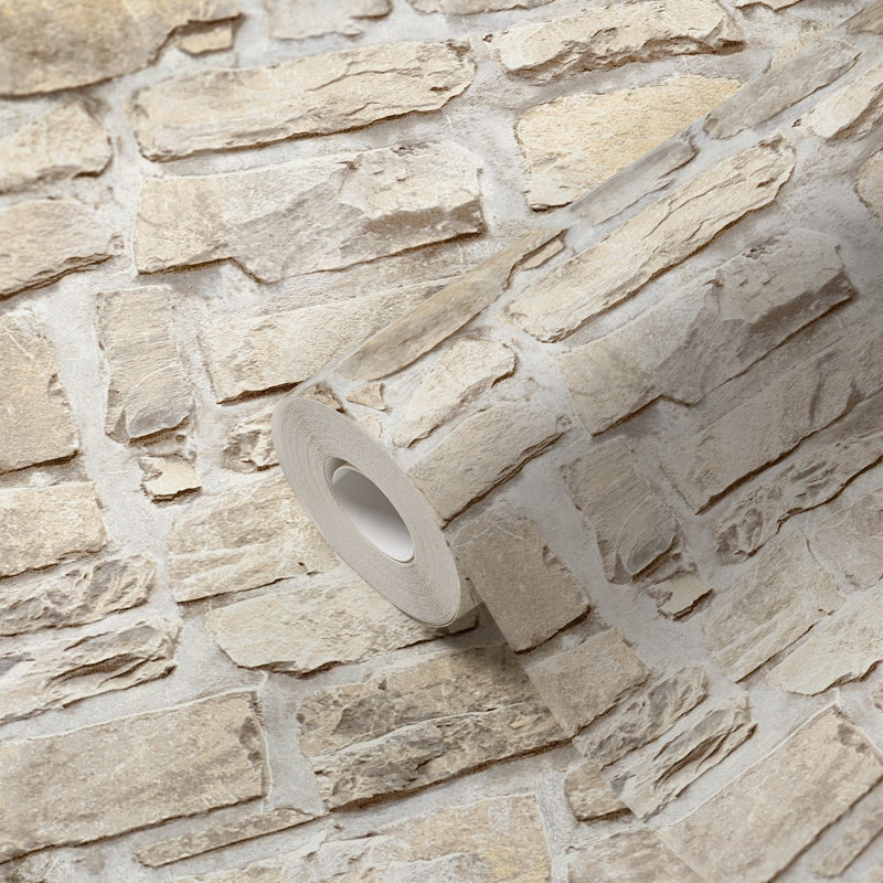 Bricks and More Collection Stone Symphony Motif Wallpaper Roll, Cream