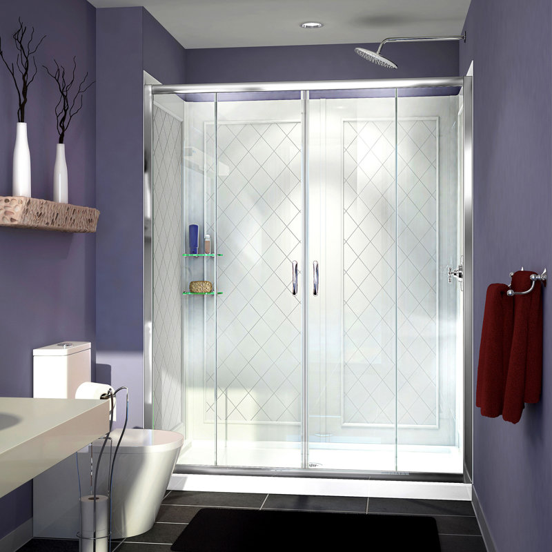 Visions 60" x 76.75" Rectangle Sliding Shower Enclosure with Base Included, Chrome, Center