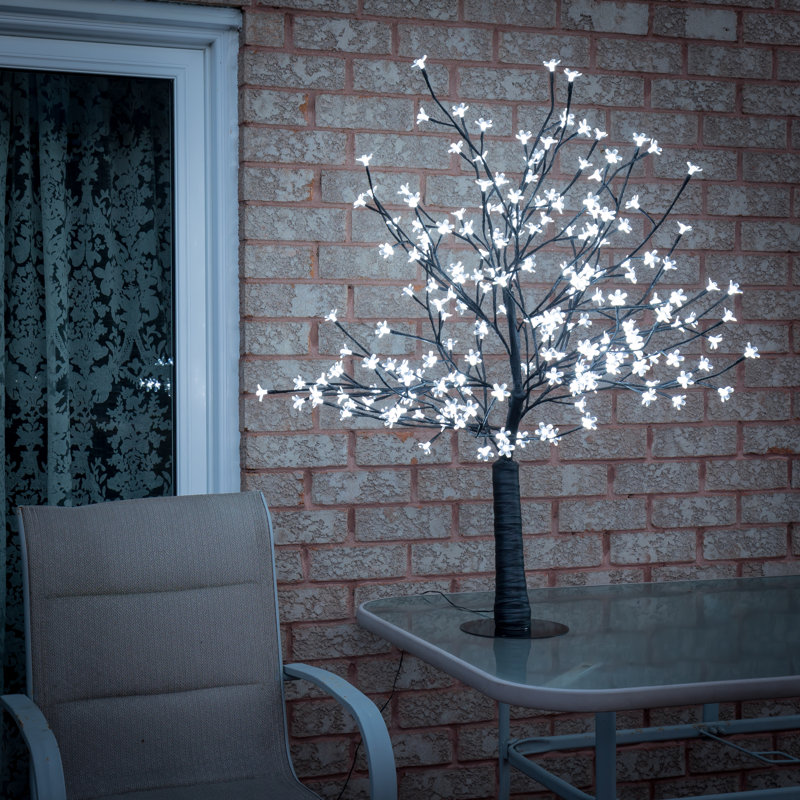 47.25in White Cherry Blossom Tree with LED Lights in Wooden Planter