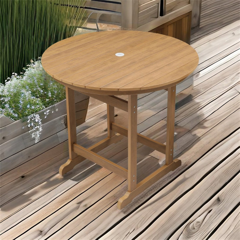 Round Outdoor Bar Table With Umbrella Hole , 47.25'' in. W 47.25'' in. D, Light Teak