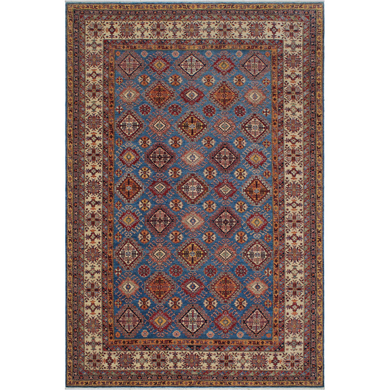 Tapis oriental bleu en laine noué à la main 9 pi x 12 pi 1 po Madeeha