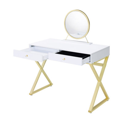 Meuble-lavabo blanc et doré avec plateau à bijoux amovible en miroir, matériau principal en métal, 2 tiroirs pour ranger le cadre essentiel, rangement nécessaire