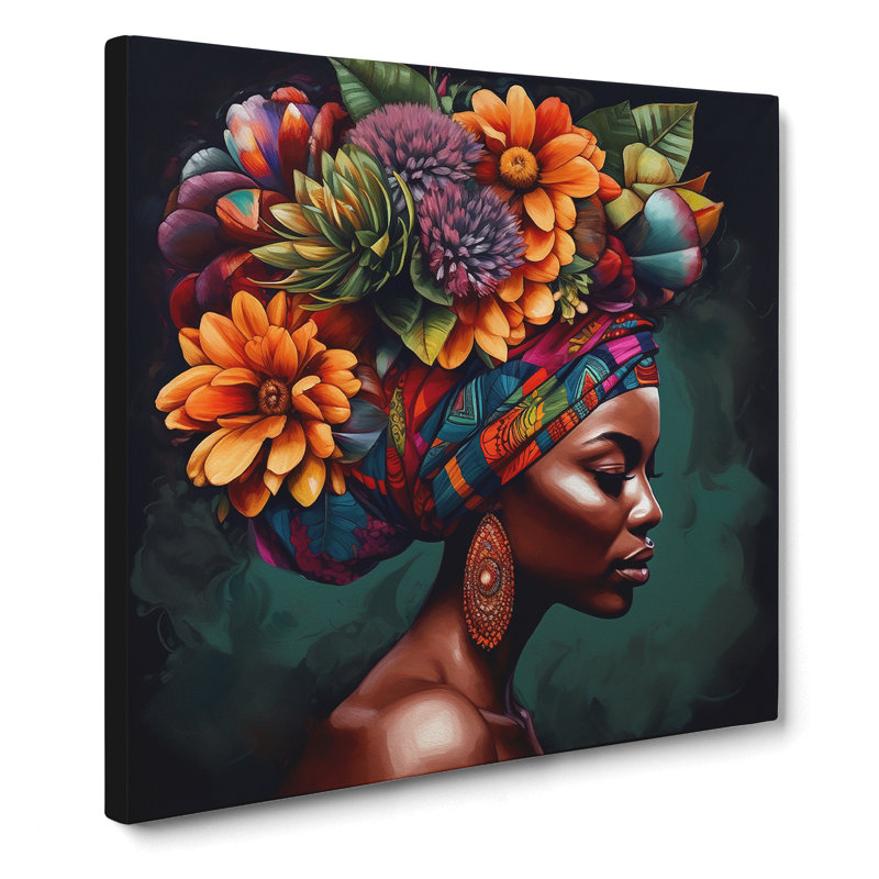 African Woman Floral Art No.3 - Wrapped Canvas - Framed Print, 35cm H x 35cm W x 3cm D
