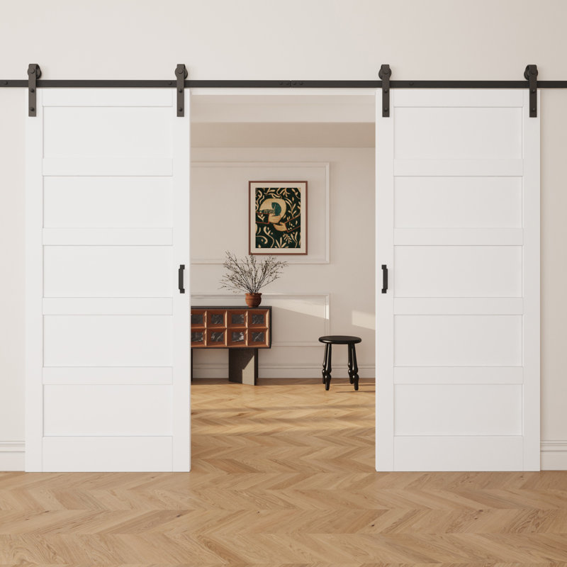 Porte de grange en bois manufacturé blanc massif à 84 panneaux H 84 po x l 60 po avec quincaillerie d'installation (2 portes et assemblage requis)