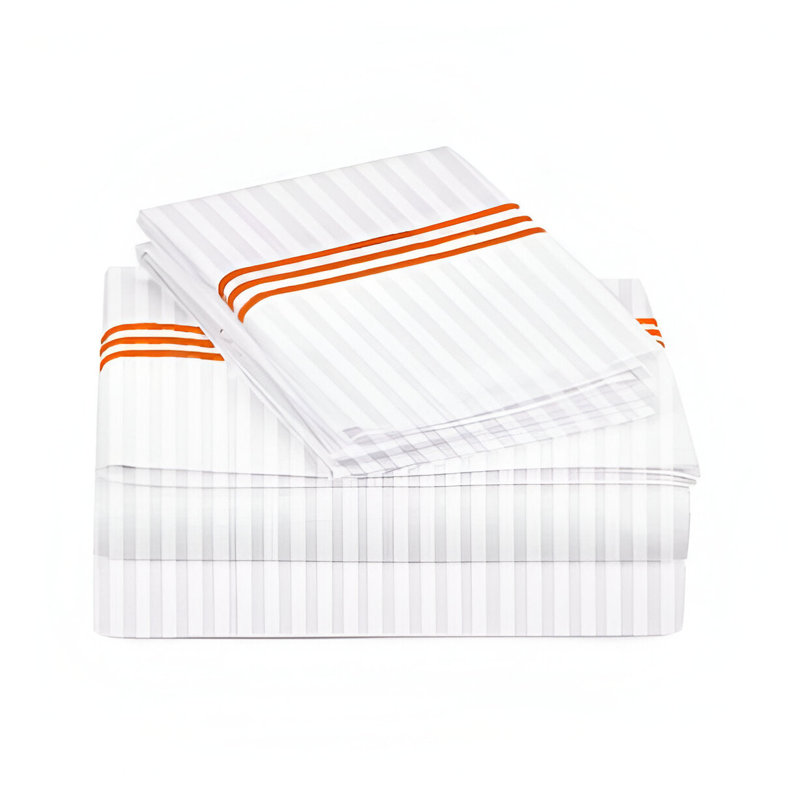400TC Triple Embroidery Sateen Stripe Cotton 4 Piece Sheet Set Fitted Sheet Fits Upto 16" Deep Pocket, Orange Border