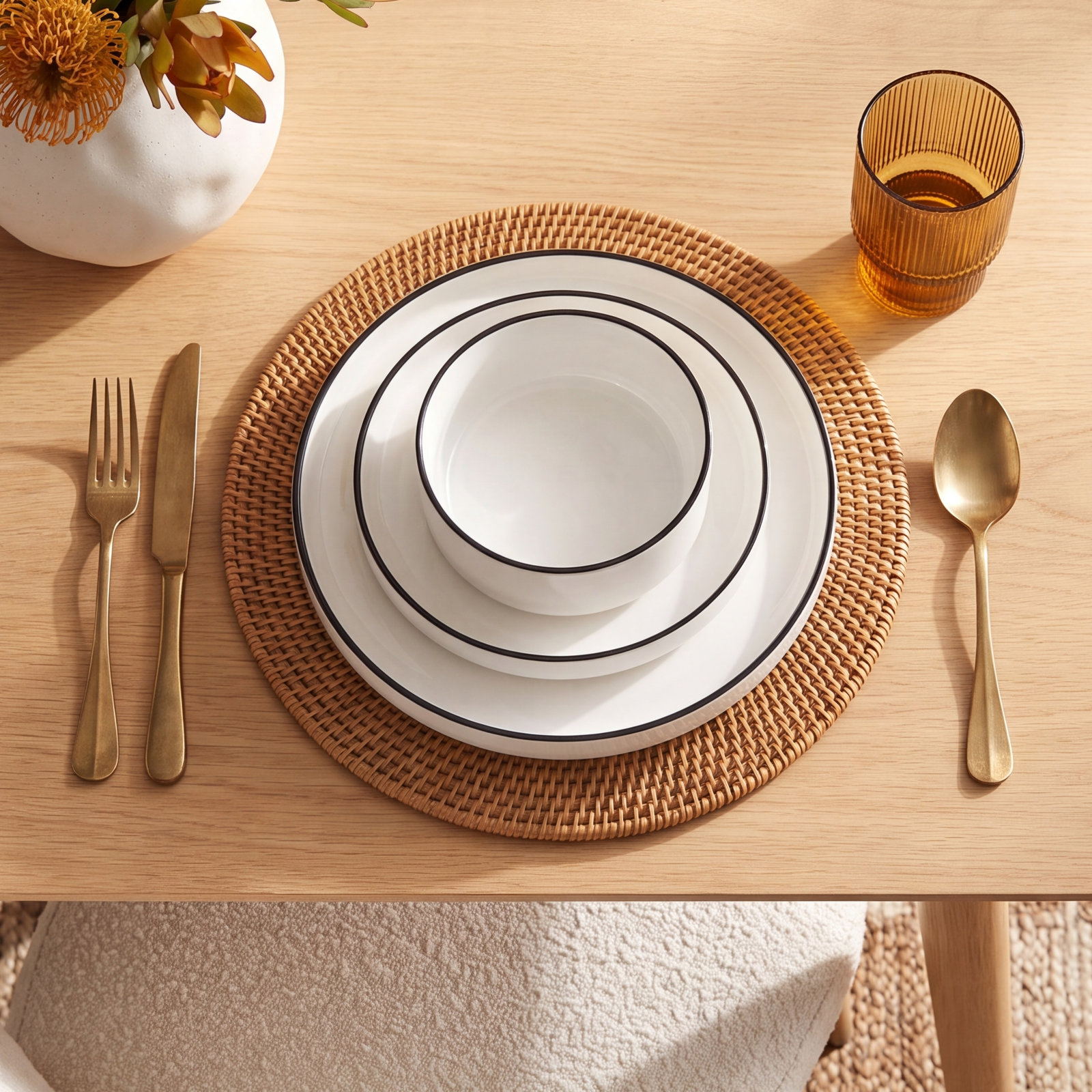 Ceramic Dinnerware Set, Ivory White/Black