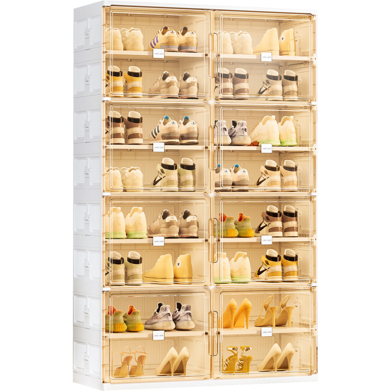  8-Tier Double Column Foldable Shoe Storage Cabinet With Magnetic Doors For Closet Entryway In White
