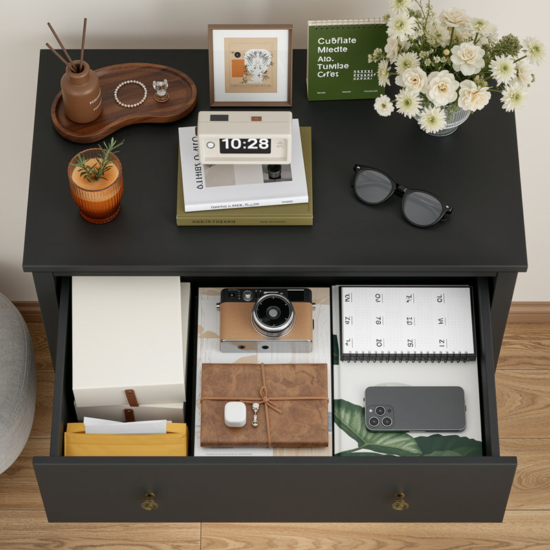 Commode à 4 tiroirs, commode et commode en bois Naewe, Noir