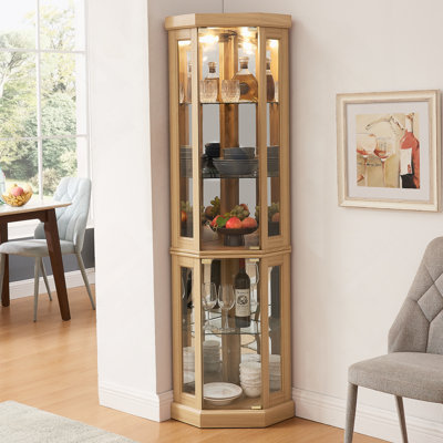Lighted Corner Curio Cabinet For Displaying Collectibles, Wine, And Bar Glasses With Elegant Design And Adjustable Shelves