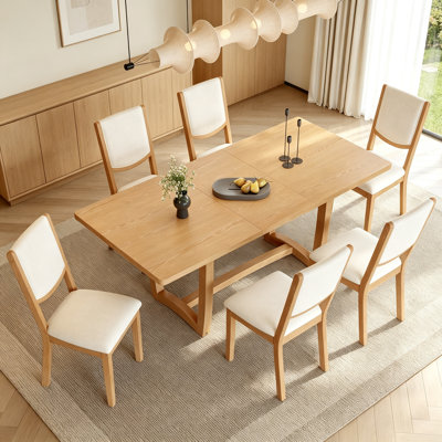 7-Piece Extendable Dining Table Set for 6, Rectangular Kitchen Table with 6 Upholstered Chairs, Curved Back Dining Chairs for Dining Room(Natural)