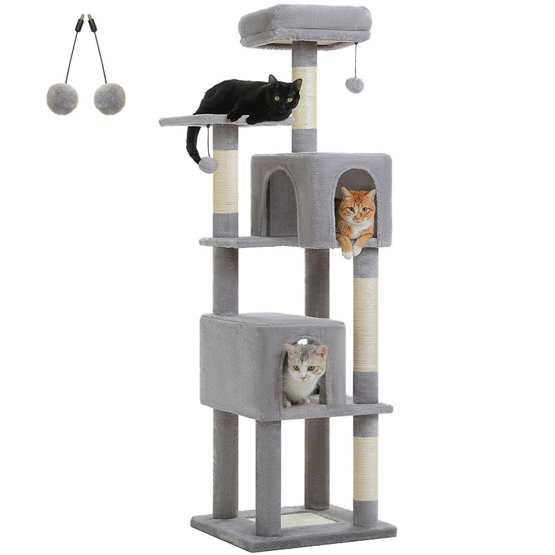 Tour pour chat 62 "à niveaux multiples avec 2 condos spacieux, patin à griffes, 4 poteaux à griffes, 2 perchoirs à chat, 2 pompons