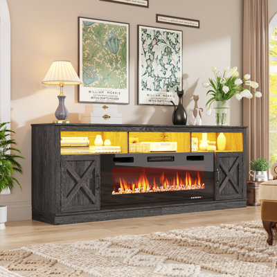 Farmhouse Fireplace Tv Stand For 78 Inch Tv With 50”Electric Fireplace & Led Light, 82”Media Console With Barn Door Cabinet For Living Room