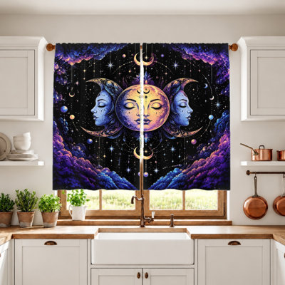 2Pcs Celestial Goddess Curtains, Light Filtering Fabric, Mystical Moon Phases and Stars Print, Sunshade Privacy Protection for Living Room, Bedroom, Balcony, Kitchen Home Decor