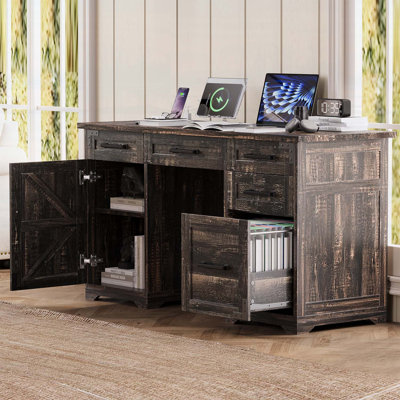 55 Inch Farmhouse Executive Desk with Charging Station, 5 Drawers, and Cabinet for Home Office, Rustic Gray