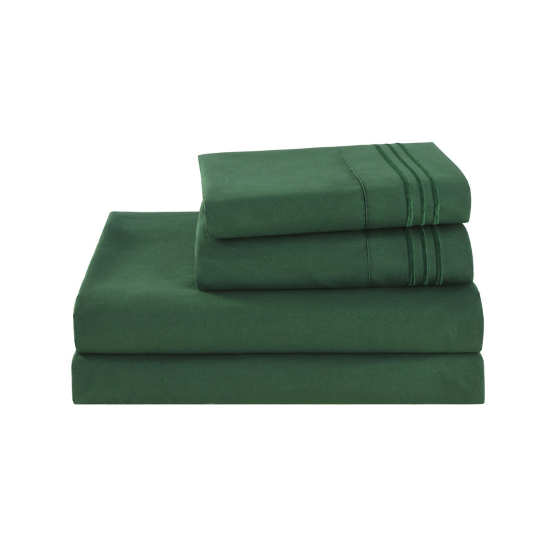 3/4 Pcs Soft Solid & Embroidery Bed Sheets Set, Green, Full