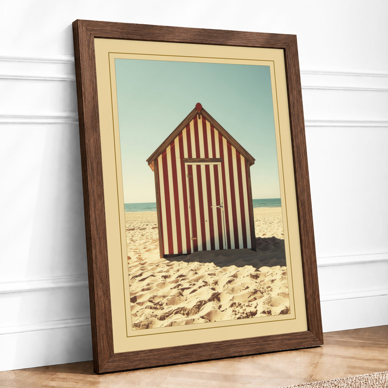 Striped Beach Hut Coastal - Framed Print, Walnut, A1 - 84.1 x 59.4 cm